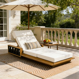 English Elm Acacia Wood Outdoor Chaise Lounge Teak Finish Reclining Poolside Patio Lounger Cream N770P350816T_N770P285267C