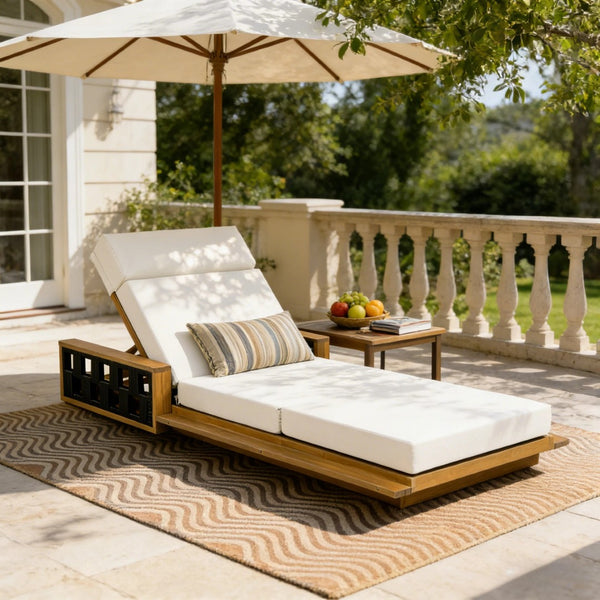 English Elm Acacia Wood Outdoor Chaise Lounge Teak Finish Reclining Poolside Patio Lounger Cream N770P350816T_N770P285267C