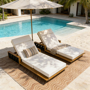 English Elm Acacia Wood Outdoor Chaise Lounge Teak Finish Reclining Poolside Patio Lounger Cream N770P350816T_N770P285267C