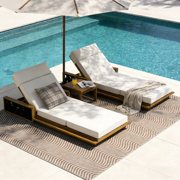 English Elm Acacia Wood Outdoor Chaise Lounge Teak Finish Reclining Poolside Patio Lounger Cream N770P350816T_N770P285267C