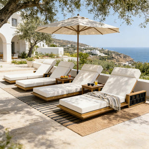 English Elm Acacia Wood Outdoor Chaise Lounge Teak Finish Reclining Poolside Patio Lounger Cream N770P350816T_N770P285267C
