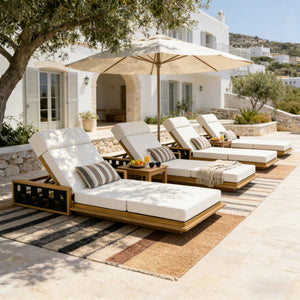 English Elm Acacia Wood Outdoor Chaise Lounge Teak Finish Reclining Poolside Patio Lounger Cream N770P350816T_N770P285267C