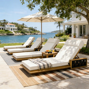 English Elm Acacia Wood Outdoor Chaise Lounge Teak Finish Reclining Poolside Patio Lounger Cream N770P350816T_N770P285267C