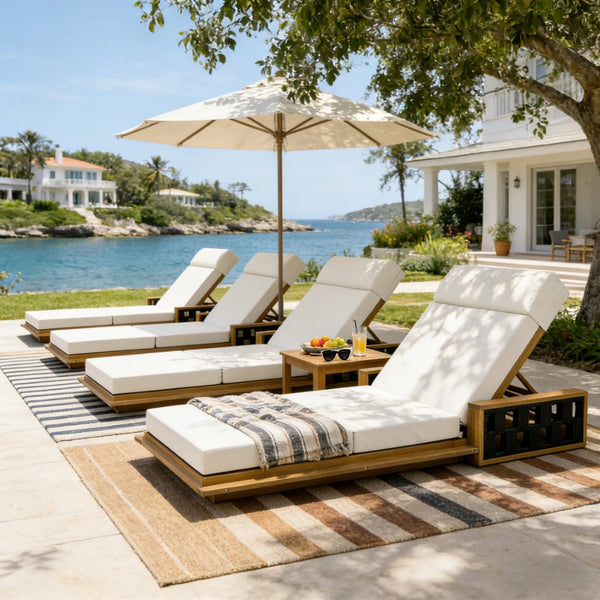 English Elm Acacia Wood Outdoor Chaise Lounge Teak Finish Reclining Poolside Patio Lounger Cream N770P350816T_N770P285267C