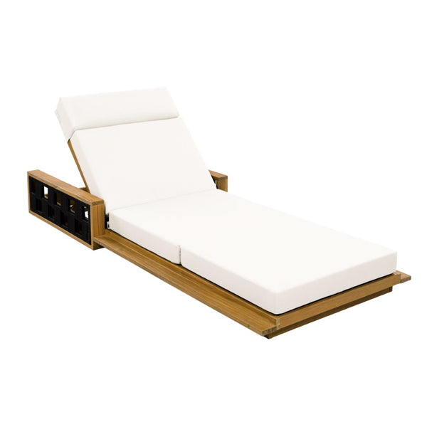 English Elm Acacia Wood Outdoor Chaise Lounge Teak Finish Reclining Poolside Patio Lounger Cream N770P350816T_N770P285267C