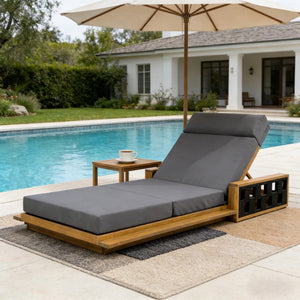 English Elm Acacia Wood Outdoor Chaise Lounge Teak Finish Reclining Poolside Patio Lounger Dark Gray N770P350816T_N770P285267G