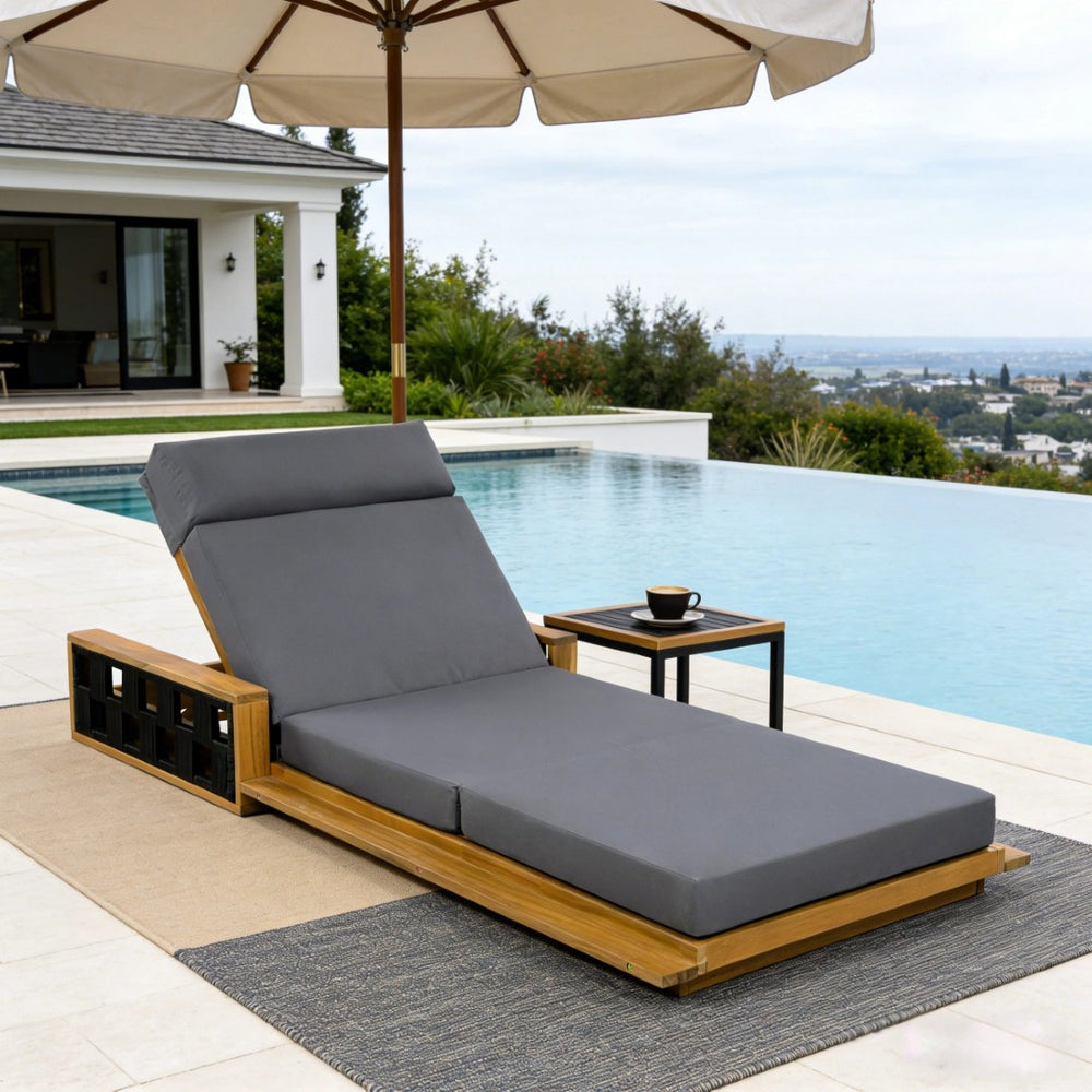 English Elm Acacia Wood Outdoor Chaise Lounge Teak Finish Reclining Poolside Patio Lounger Dark Gray N770P350816T_N770P285267G
