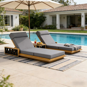 English Elm Acacia Wood Outdoor Chaise Lounge Teak Finish Reclining Poolside Patio Lounger Dark Gray N770P350816T_N770P285267G