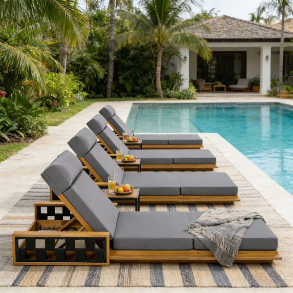 English Elm Acacia Wood Outdoor Chaise Lounge Teak Finish Reclining Poolside Patio Lounger Dark Gray N770P350816T_N770P285267G