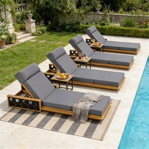 English Elm Acacia Wood Outdoor Chaise Lounge Teak Finish Reclining Poolside Patio Lounger Dark Gray N770P350816T_N770P285267G