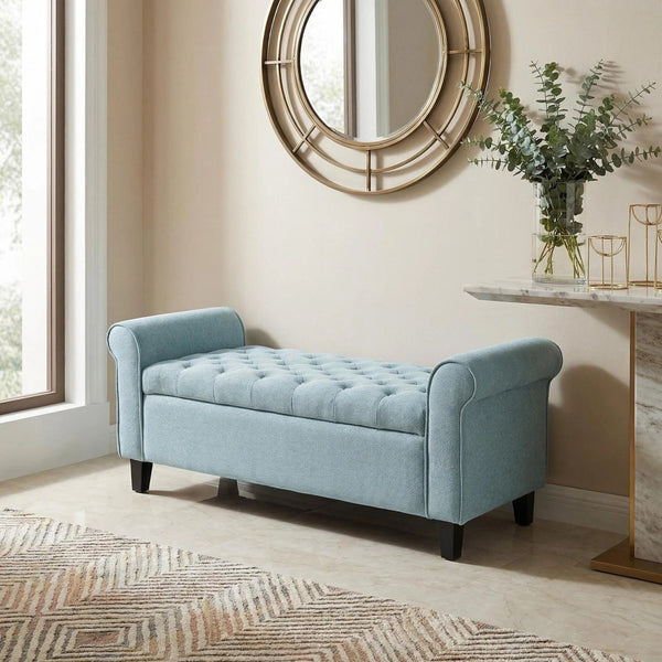 English Elm Light Blue Linen Storage Bench Tufted Rolled Arms Matte Black Legs Bedroom Entryway N770P372389E