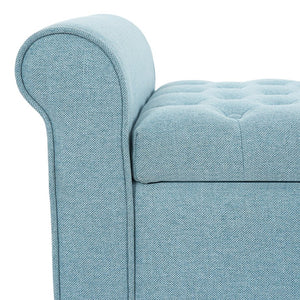 English Elm Light Blue Linen Storage Bench Tufted Rolled Arms Matte Black Legs Bedroom Entryway N770P372389E