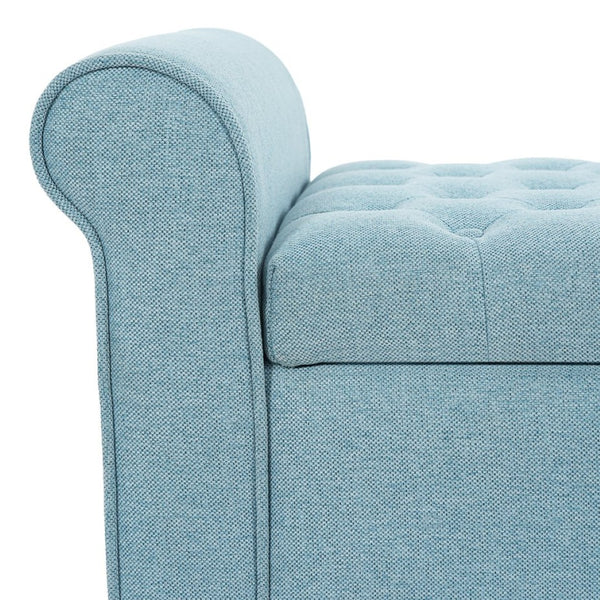 English Elm Light Blue Linen Storage Bench Tufted Rolled Arms Matte Black Legs Bedroom Entryway N770P372389E