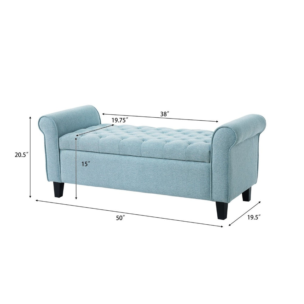 English Elm Light Blue Linen Storage Bench Tufted Rolled Arms Matte Black Legs Bedroom Entryway N770P372389E
