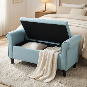 English Elm Light Blue Linen Storage Bench Tufted Rolled Arms Matte Black Legs Bedroom Entryway N770P372389E