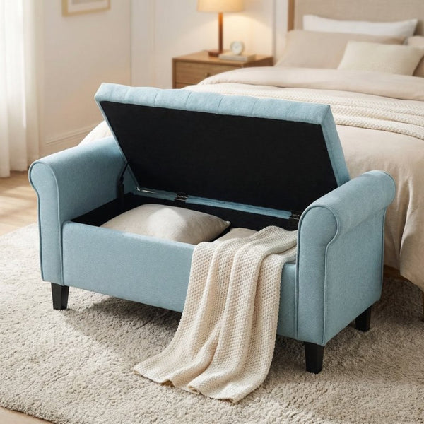 English Elm Light Blue Linen Storage Bench Tufted Rolled Arms Matte Black Legs Bedroom Entryway N770P372389E