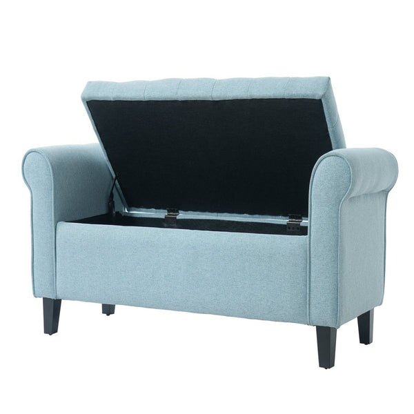English Elm Light Blue Linen Storage Bench Tufted Rolled Arms Matte Black Legs Bedroom Entryway N770P372389E