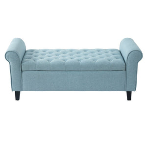 English Elm Light Blue Linen Storage Bench Tufted Rolled Arms Matte Black Legs Bedroom Entryway N770P372389E