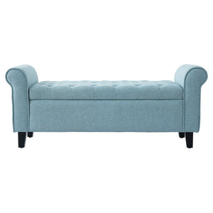 English Elm Light Blue Linen Storage Bench Tufted Rolled Arms Matte Black Legs Bedroom Entryway N770P372389E