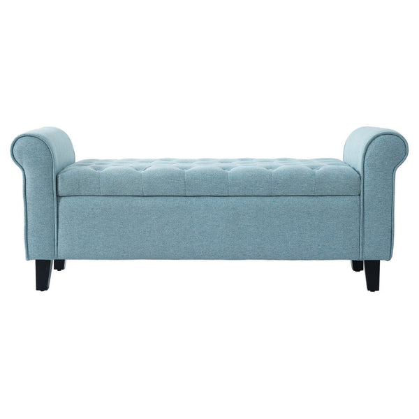English Elm Light Blue Linen Storage Bench Tufted Rolled Arms Matte Black Legs Bedroom Entryway N770P372389E