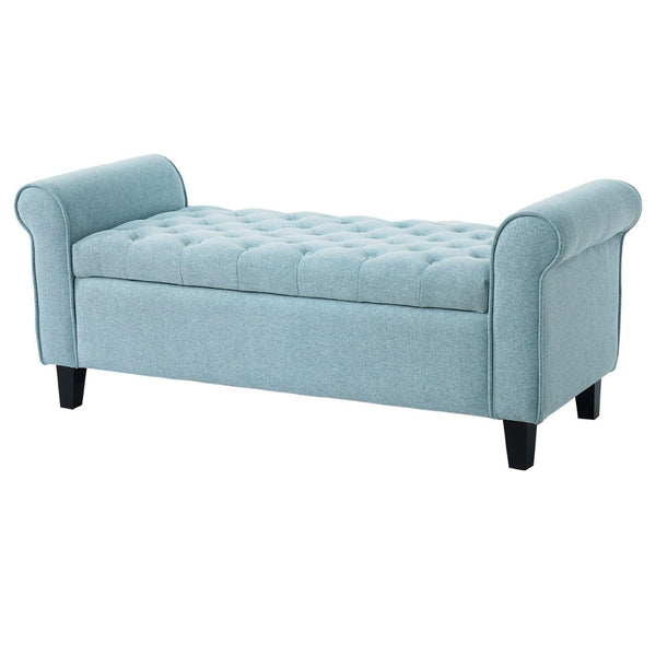 English Elm Light Blue Linen Storage Bench Tufted Rolled Arms Matte Black Legs Bedroom Entryway N770P372389E