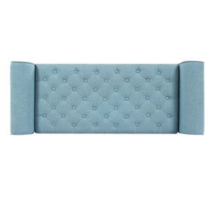 English Elm Light Blue Linen Storage Bench Tufted Rolled Arms Matte Black Legs Bedroom Entryway N770P372389E