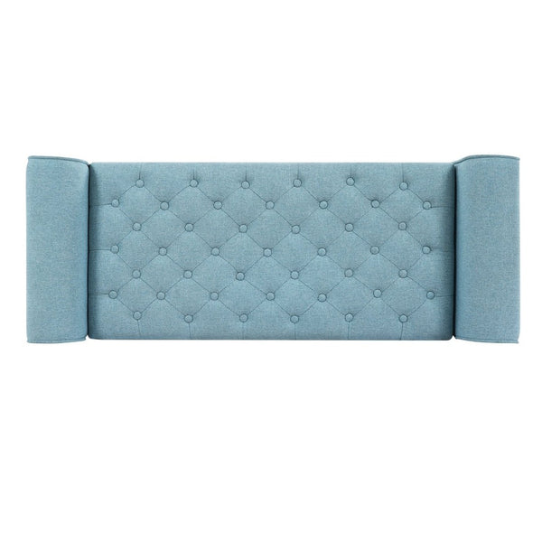 English Elm Light Blue Linen Storage Bench Tufted Rolled Arms Matte Black Legs Bedroom Entryway N770P372389E