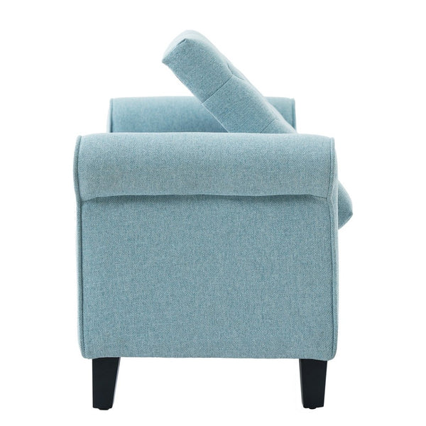 English Elm Light Blue Linen Storage Bench Tufted Rolled Arms Matte Black Legs Bedroom Entryway N770P372389E