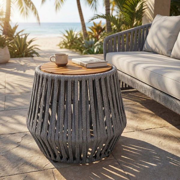 English Elm Outdoor Acacia Wood and Woven Rope Patio Side Table with Teak Finish Coastal N770P385752G