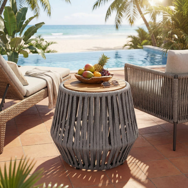 English Elm Outdoor Acacia Wood and Woven Rope Patio Side Table with Teak Finish Coastal N770P385752G