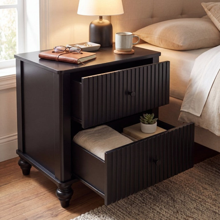 English Elm Black Fluted Two Drawer Nightstand with Turned Bun Legs Vintage Farmhouse Bedside Table N770P389799B