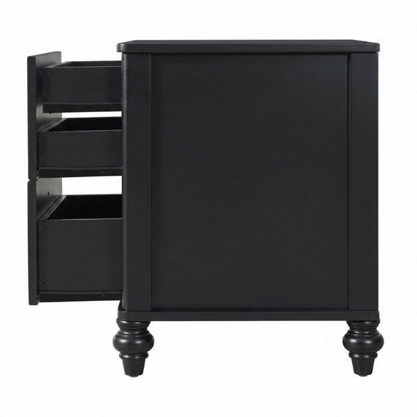 English Elm Black Fluted Two Drawer Nightstand with Turned Bun Legs Vintage Farmhouse Bedside Table N770P389799B