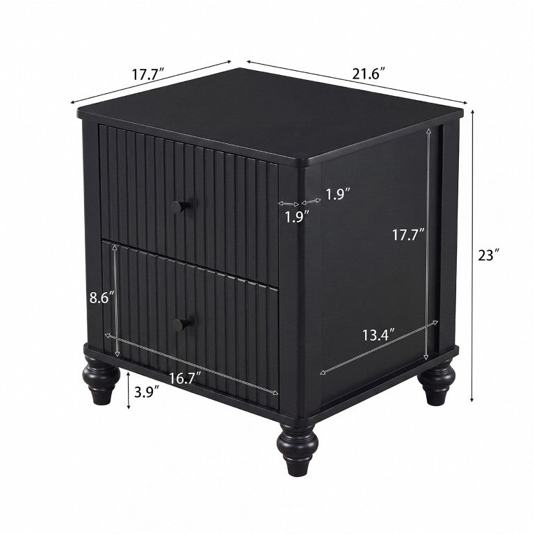 English Elm Black Fluted Two Drawer Nightstand with Turned Bun Legs Vintage Farmhouse Bedside Table N770P389799B