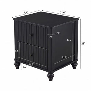 English Elm Black Fluted Two Drawer Nightstand with Turned Bun Legs Vintage Farmhouse Bedside Table N770P389799B