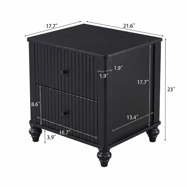 English Elm Black Fluted Two Drawer Nightstand with Turned Bun Legs Vintage Farmhouse Bedside Table N770P389799B