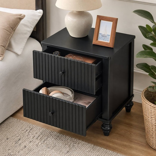 English Elm Black Fluted Two Drawer Nightstand with Turned Bun Legs Vintage Farmhouse Bedside Table N770P389799B