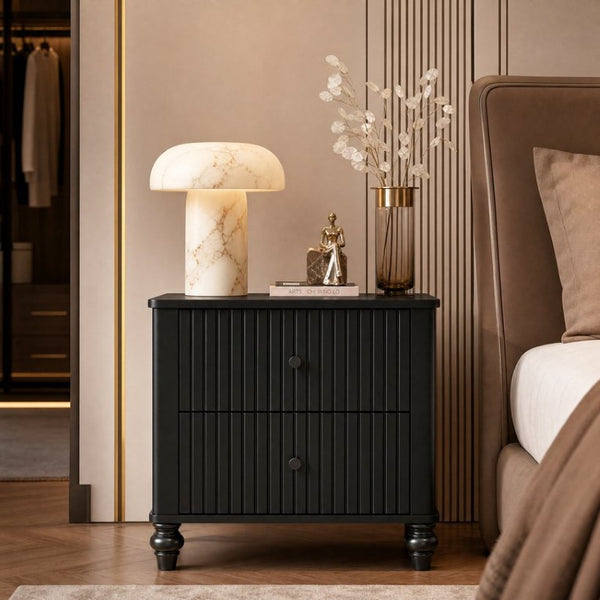 English Elm Black Fluted Two Drawer Nightstand with Turned Bun Legs Vintage Farmhouse Bedside Table N770P389799B