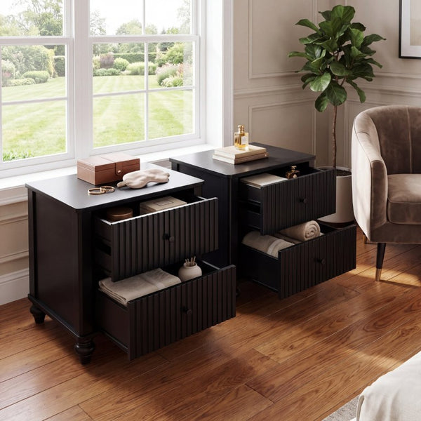English Elm Black Fluted Two Drawer Nightstand with Turned Bun Legs Vintage Farmhouse Bedside Table N770P389799B