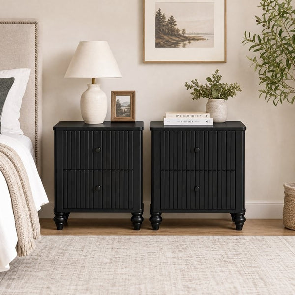 English Elm Black Fluted Two Drawer Nightstand with Turned Bun Legs Vintage Farmhouse Bedside Table N770P389799B