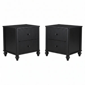 English Elm Black Fluted Two Drawer Nightstand with Turned Bun Legs Vintage Farmhouse Bedside Table N770P389799B