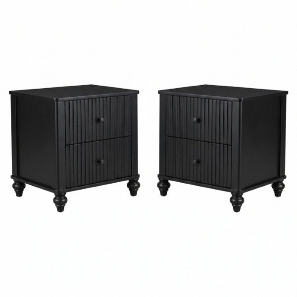 English Elm Black Fluted Two Drawer Nightstand with Turned Bun Legs Vintage Farmhouse Bedside Table N770P389799B