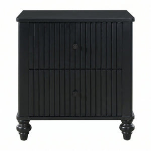 English Elm Black Fluted Two Drawer Nightstand with Turned Bun Legs Vintage Farmhouse Bedside Table N770P389799B