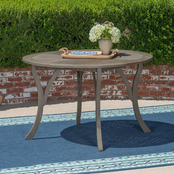 English Elm Outdoor Acacia Wood Round Dining Table Curved Legs Slatted Top Seats Six N770P396234G