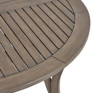 English Elm Outdoor Acacia Wood Round Dining Table Curved Legs Slatted Top Seats Six N770P396234G