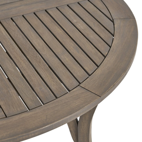 English Elm Outdoor Acacia Wood Round Dining Table Curved Legs Slatted Top Seats Six N770P396234G