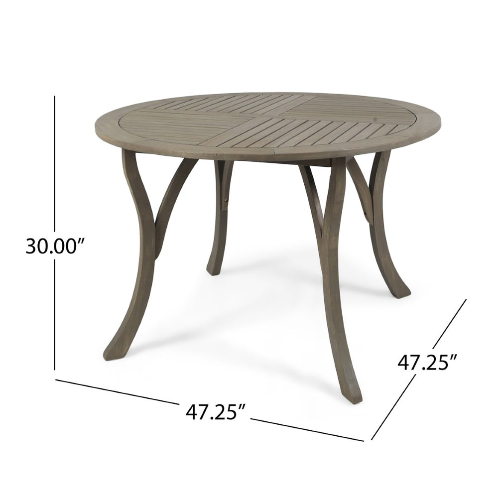 English Elm Outdoor Acacia Wood Round Dining Table Curved Legs Slatted Top Seats Six N770P396234G