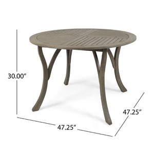 English Elm Outdoor Acacia Wood Round Dining Table Curved Legs Slatted Top Seats Six N770P396234G