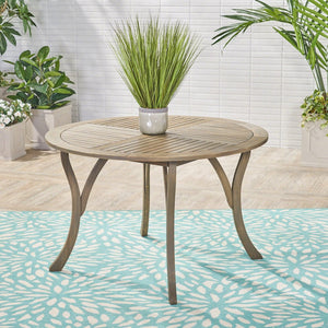 English Elm Outdoor Acacia Wood Round Dining Table Curved Legs Slatted Top Seats Six N770P396234G