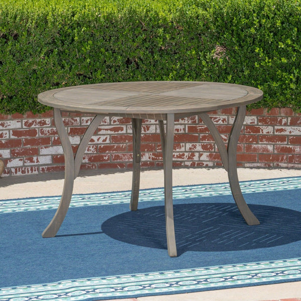 English Elm Outdoor Acacia Wood Round Dining Table Curved Legs Slatted Top Seats Six N770P396234G