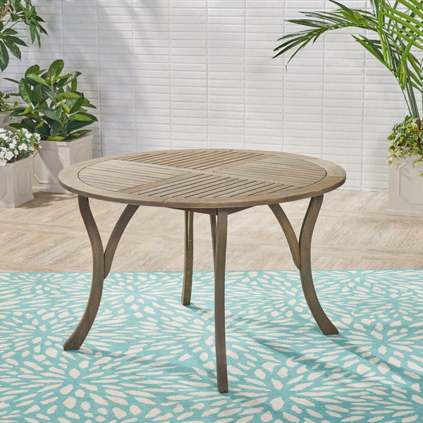 English Elm Outdoor Acacia Wood Round Dining Table Curved Legs Slatted Top Seats Six N770P396234G